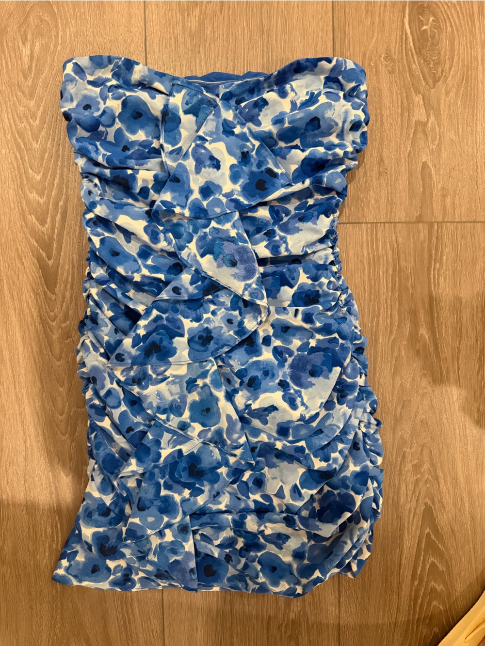 Strapless Blue Floral Ruched Swim One-Piece